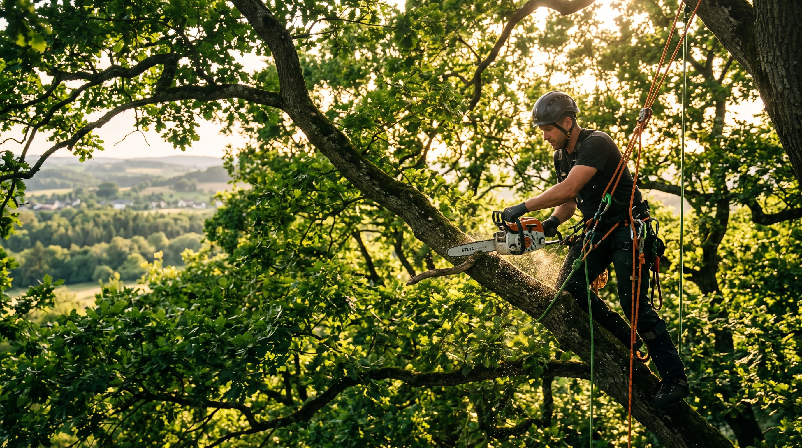 Arboriste grimpeur ArborLux en intervention sur un grand arbre au Luxembourg